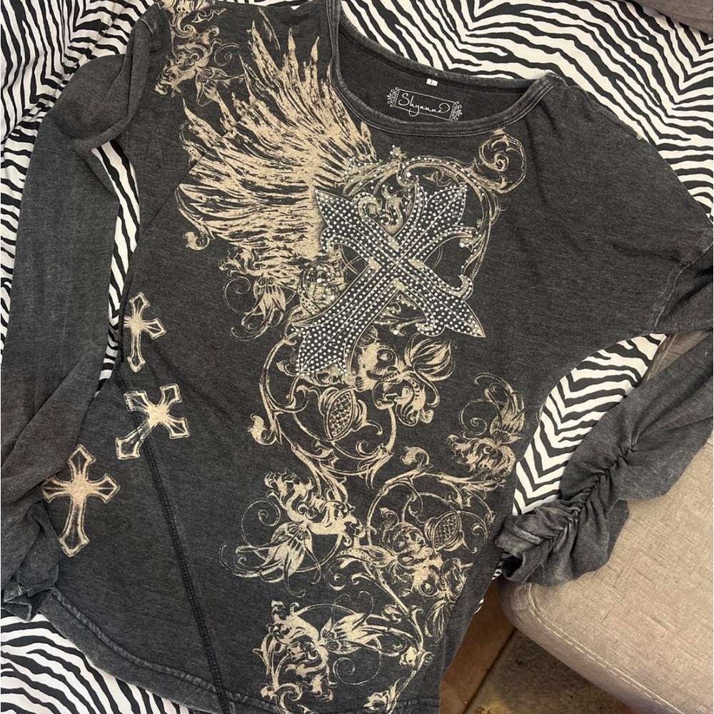 y2k cross bling design long sleeve top